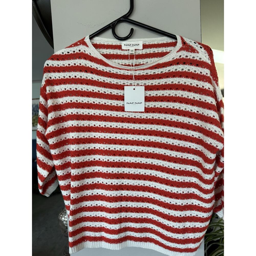 NafNaf Paris  Lightweight knit eyelet NWT Womens Orange cream striped Sweater XS